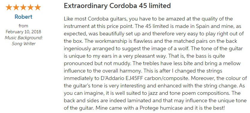 Shiny Cordoba guitar with wolf-inspired back design, high-quality craftsmanship, and rich tone, perfect for jazz and tonal poetry, set against a clean, laminated background.