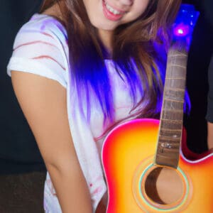 the essence of musical enchantment as an elegant Fender FA-345CE guitar takes center stage, its sleek sunburst finish radiating warmth, while its exquisite mother-of-pearl rosette and inlays shimmer and dance in the spotlight