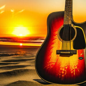 An image showcasing the Fender Malibu Player Acoustic Guitar against a backdrop of serene beach scenery, with its sleek mahogany construction and vibrant sunburst finish shining under the golden rays of the setting sun