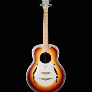 An image showcasing the Fender PR-180E Resonator, capturing its stunning vintage sunburst finish that radiates warmth