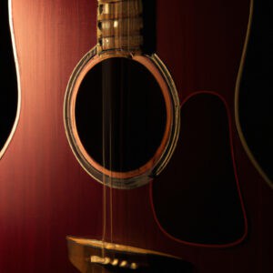 An image showcasing the harmonious blend of rich mahogany and spruce in the Ibanez PF15ECE, capturing the intricate contours of its sleek body, elegant fingerboard, and the vibrant sound emanating from its meticulously crafted soundhole