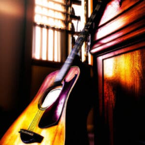 An image showcasing a sunlit room with a stunning James Neligan acoustic guitar resting on a vintage wooden stand
