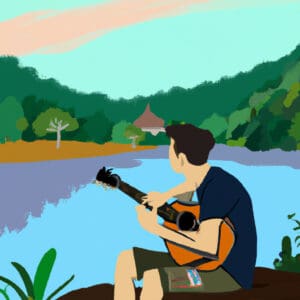 An image showcasing a traveler sitting by a tranquil lake, surrounded by lush greenery, playing a Journey Instruments acoustic guitar