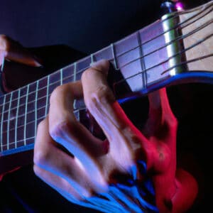 An image capturing the sleek curves of a KLOS Guitar, its glossy carbon fiber body reflecting the vibrant stage lights