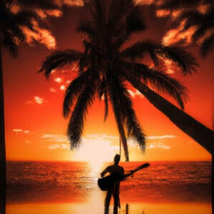 An image showcasing a stunning sunset beach scene, with a musician strumming the sleek KLOS Travel Guitar under a palm tree, capturing the harmonious fusion of nature and music