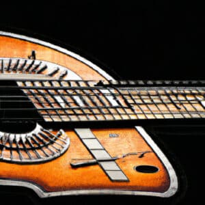 An image showcasing the exquisite Martin Guitar 000-15M StreetMaster, capturing its sleek mahogany body and warm vintage tone, highlighting the intricate mother-of-pearl inlays on the fretboard, and the robust soundhole rosette