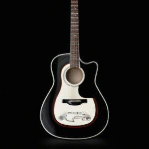 Guitar, electric guitar, musical instrument, black and white guitar, acoustic-electric guitar, modern guitar design, guitar with metallic hardware, sleek guitar body, professional guitar equipment, high-quality musical instrument.