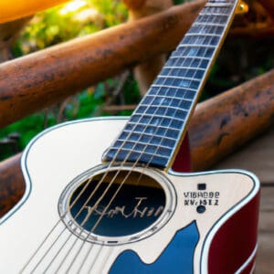 An image showcasing the stunning Taylor Baby Taylor BTe-Koa: the compact, travel-friendly acoustic guitar featuring a gorgeous koa top, vibrant tonewood grain, and a sleek, ergonomic design
