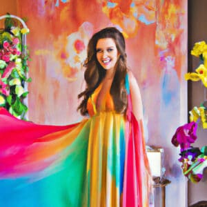An image showcasing Taylor BBTe's vibrant personality: A bright, sunlit room filled with colorful flowers, where Taylor elegantly poses in a flowing dress, her infectious smile and confident gaze capturing the essence of her unique charm