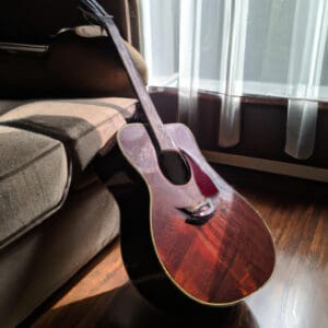 the essence of the Taylor GS Mini Mahogany in a visually stunning image: A cozy living room setting, drenched in warm natural light, with the guitar's rich mahogany finish glistening in the foreground, inviting you to embark on a musical journey