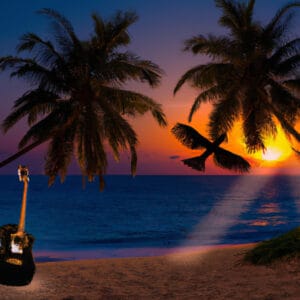 An image showcasing a breathtaking sunset over a secluded beach, where a lone Traveler Guitar Ultra-Light rests against a palm tree, inviting adventure and serenading the tranquil setting