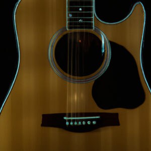 An image showcasing the exquisite craftsmanship of the Yamaha FG800J Acoustic Guitar, capturing its glossy solid spruce top, rich mahogany back and sides, and the intricate mother-of-pearl inlay on its rosewood fingerboard