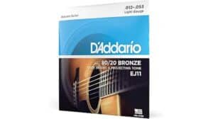 Bright blue D'Addario guitar string package featuring an acoustic guitar image with product details, suitable for music gear and guitar accessories SEO.