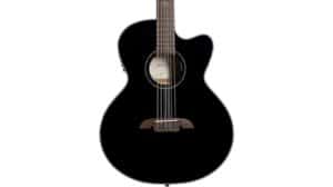 Glossy black acoustic-electric guitar with cutaway body perfect for professional performances and music lovers. High-quality sound and craftsmanship.