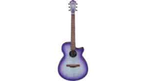 Vibrant purple acoustic-electric guitar with a cutaway body, showcasing high-quality wood finish ideal for live performances and studio recordings. Perfect for musicians looking for both style and sound quality.