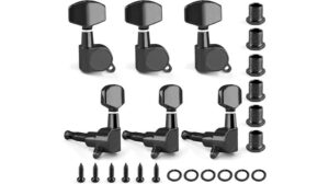 Aluminum guitar tuning pegs and tuning machine heads with mounting hardware for precise guitar tuning and string adjustments.
