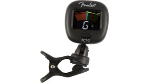 High-precision Fender FCT-2 digital clip-on tuner for acoustic and electric guitars, bass, and ukuleles, featuring a colorful LED display for accurate tuning.