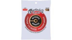 Vintage Martin & Co acoustic guitar string packet in bronze color, 12-54 gauge, authentic, lightweight, phospor bronze, with branded logo and detailed product information for musicians.