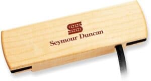 Wooden musical instrument marker with Seymour Duncan logo for guitar or bass customization and branding.