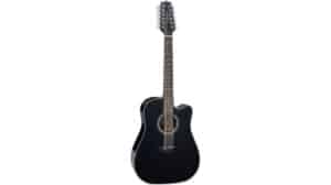 Black acoustic guitar with multiple tuning pegs and a cutaway body design, ideal for music enthusiasts and professionals. Perfect for performances, practice, and recording sessions.