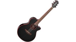 Black acoustic guitar with red accents, wooden fretboard, and cutaway design for easy access to higher frets. Ideal for music enthusiasts and professionals seeking quality sound and craftsmanship.