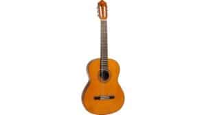 Classic acoustic guitar with wood finish, nylon strings, and traditional design for musical performances and practice. Perfect for music lovers and professionals alike.