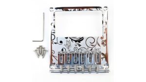High-quality chrome electric guitar bridge with adjustable saddles, screws, and mounting hardware, ideal for customizing and enhancing guitar sound and playability.