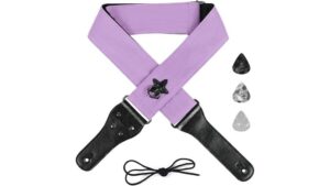 Guitar strap with purple and black design, includes assorted guitar picks; perfect for musicians, guitar players, and music lovers seeking durable accessories.