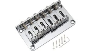 High-quality chrome guitar bridge with adjustable saddles and screws for precise string action and intonation.