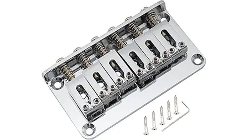 High-quality chrome guitar bridge with adjustable saddles and screws for precise string action and intonation.