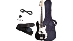 High-quality electric bass guitar with unique design, guitar strap, amplifier cable, and protective gig bag, ideal for musicians and music enthusiasts.