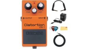 Compact guitar effects pedal with multiple controls and accessories for versatile sound shaping.