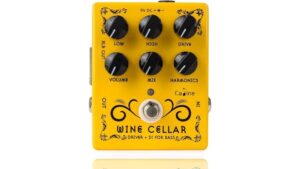 A vibrant yellow guitar effects pedal with multiple controls including volume, mix, high, low, drive, and harmonics for versatile sound shaping.