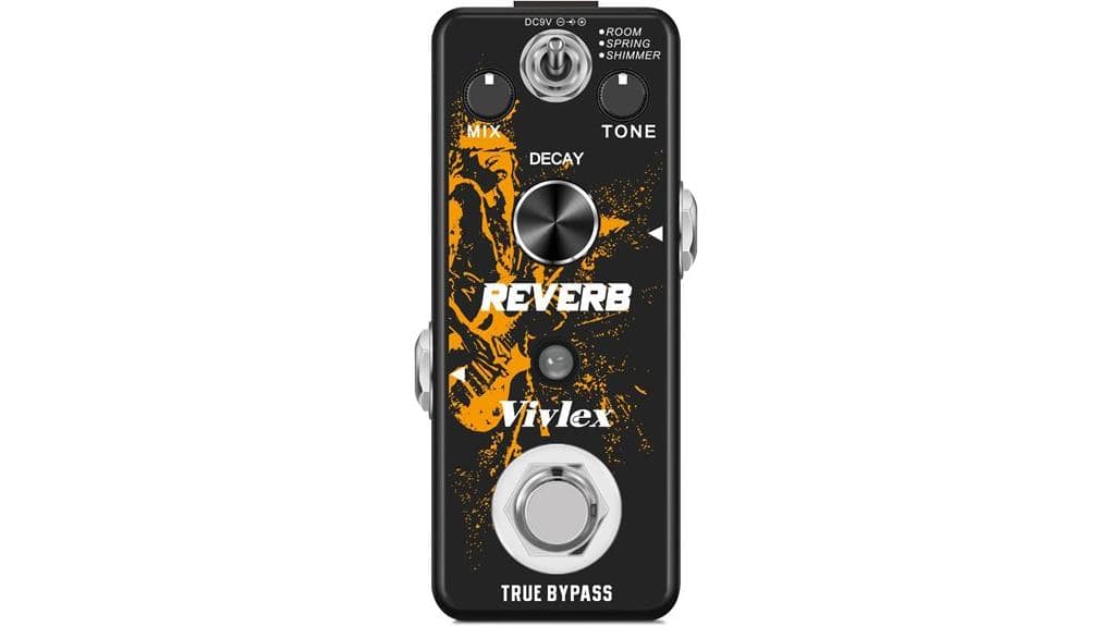 High-quality reverb guitar effects pedal for professional musicians. Features decay, tone, mix controls, true bypass, and unique artistic design for enhanced sound and performance.