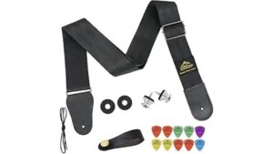 Durable guitar strap replacement with adjustable length, rubber washers, screws, and colorful picks for optimal guitar support and playing comfort.
