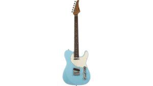 Alt text: Light blue electric guitar with a white pickguard, metal bridge, and vintage-style single-coil pickups, ideal for rock and blues music.