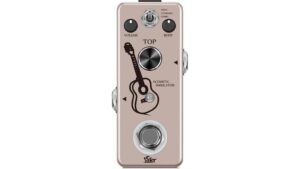 A beige guitar effects pedal with volume, body, and top knobs, featuring an acoustic guitar illustration and a central pedal switch, designed for sound modulation and music production.