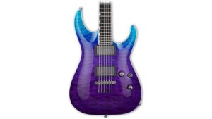 Vibrant blue and purple electric guitar with quilted maple top, dual humbucker pickups, and sleek ergonomic body, perfect for musicians and music lovers.