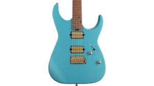 Bright blue electric guitar with gold pickups and fretboard, sleek design, ideal for music enthusiasts and professionals. High-quality construction and vibrant appearance for performances and recordings.