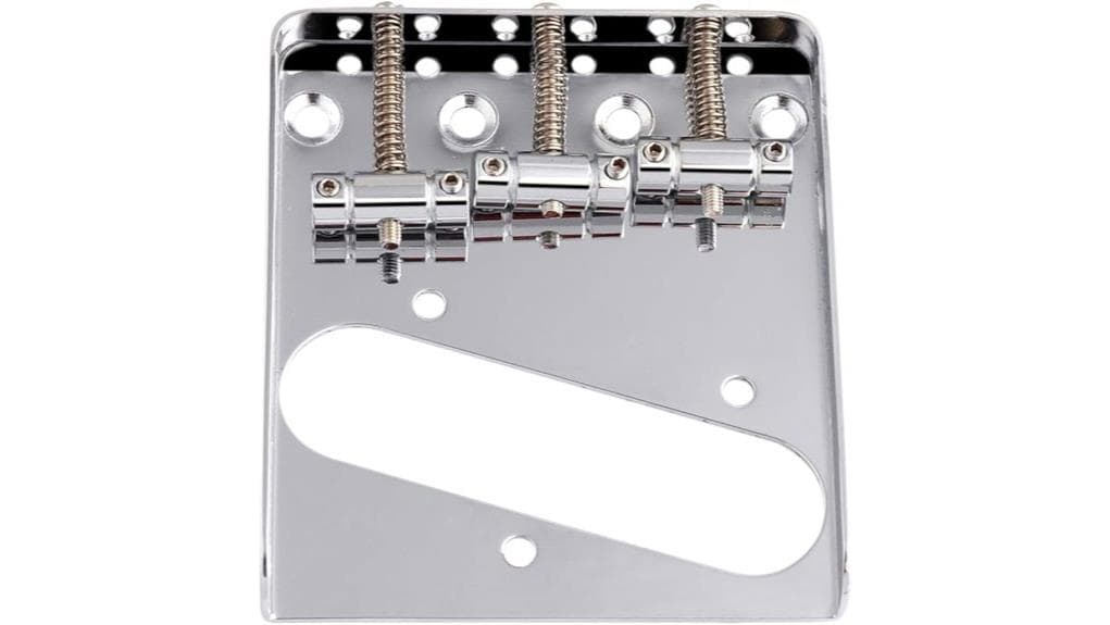High-quality guitar bridge with adjustable saddles for precise intonation and tuning stability. Made from durable chrome-plated metal, ideal for electric guitar customization and repair.