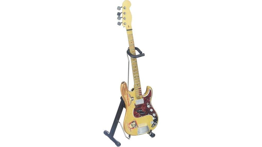 A colorful electric guitar on a black stand with adjustable hooks, ideal for musicians and collectors to showcase their instruments.