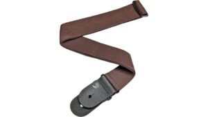 Durable brown guitar strap with adjustable length and padded shoulder support for comfortable playing sessions, ideal for professional musicians and hobbyists.