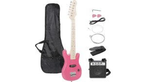 Versatile pink electric guitar with amplifier, strap, cable, picks, and gig bag, perfect for beginner or intermediate players to practice and perform.