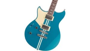 A vibrant blue electric guitar featuring dual humbucker pickups, chrome hardware, and a sleek modern aesthetic for musicians and collectors.