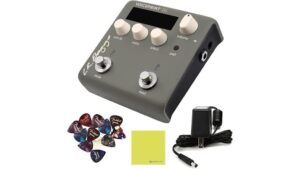 High-quality voice pedal with knobs, footswitch, guitar picks, and power adapter included, perfect for artists and podcasters seeking reliable audio control.
