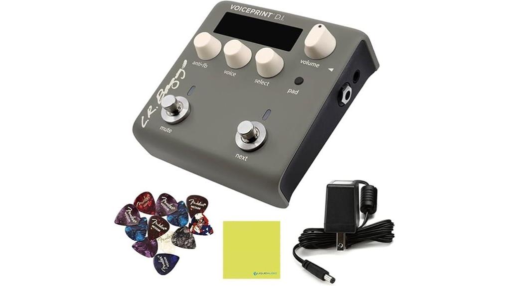 High-quality voice pedal with knobs, footswitch, guitar picks, and power adapter included, perfect for artists and podcasters seeking reliable audio control.