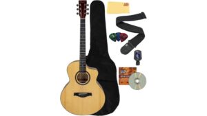 High-quality acoustic guitar with accessories for beginners and pros. Includes gig bag, picks, tuner, and instructional CD for easy learning. Perfect for practice or performances.