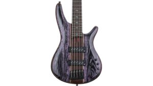 A modern electric bass guitar with a sleek, artistic wood grain finish, featuring multiple controls and pickups for versatile sound, ideal for musicians and music enthusiasts.