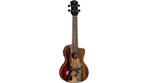 A custom-designed wooden ukulele featuring a natural landscape artwork, ideal for musicians, collectors, and outdoor enthusiasts. Perfect for casual playing or professional performances.