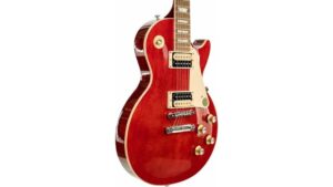 High-quality electric guitar in vibrant red finish with gold hardware, perfect for music enthusiasts and professionals, showcasing precision craftsmanship and premium sound.